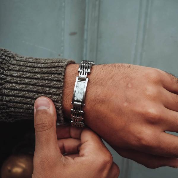 HOLZKERN | Bandlett Armband ADAGIO (Marmor Weiß / Silber)