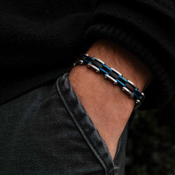 HOLZKERN | Bandlett Armband Allegro (Ahornholz / Silber & Blau)