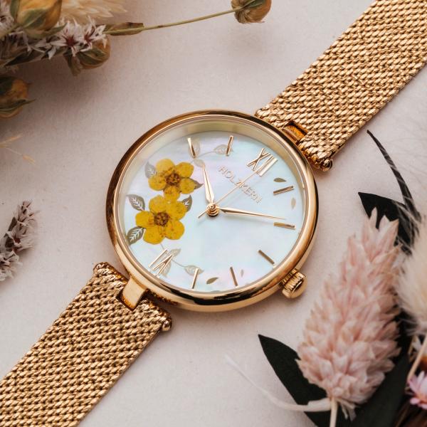 Preview: HOLZKERN | Everbloom Damen Armbanduhr (Pflaumenblüte / Gold)