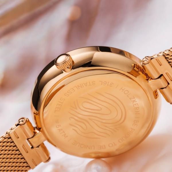 HOLZKERN | Everbloom Damen Armbanduhr (Pflaumenblüte / Gold)