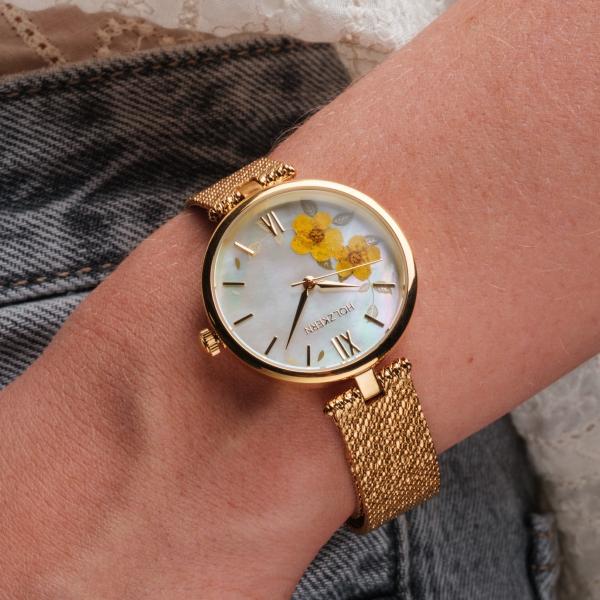 HOLZKERN | Everbloom Damen Armbanduhr (Pflaumenblüte / Gold)