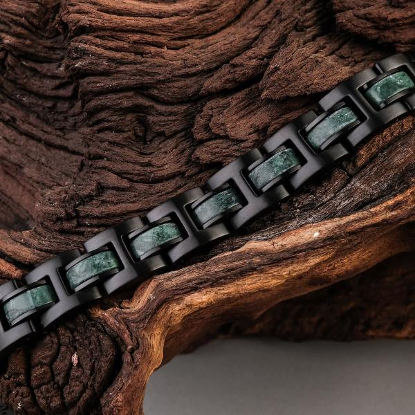 Preview: HOLZKERN | Bandlett Armband Forte Marmor grün Edelstahl schwarz