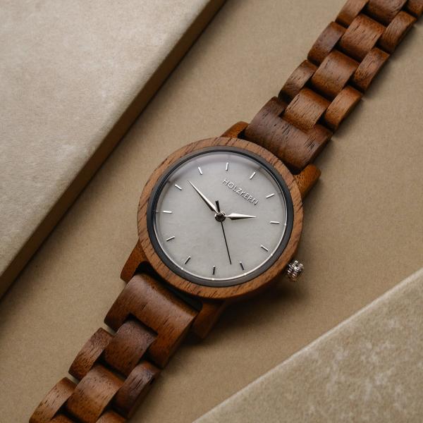 HOLZKERN | uft Elemente Damen Holzarmbanduhr Walnussholz Marmor