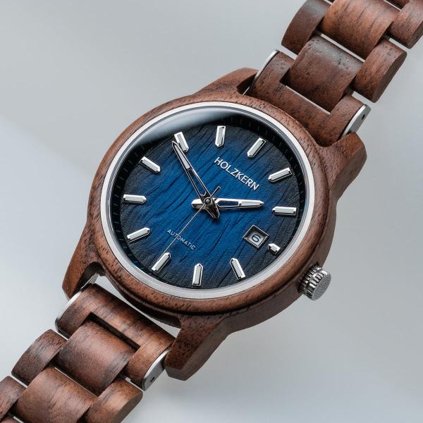 HOLZKERN | Nightbird Herren Automatikuhr (Walnuss-Blau)