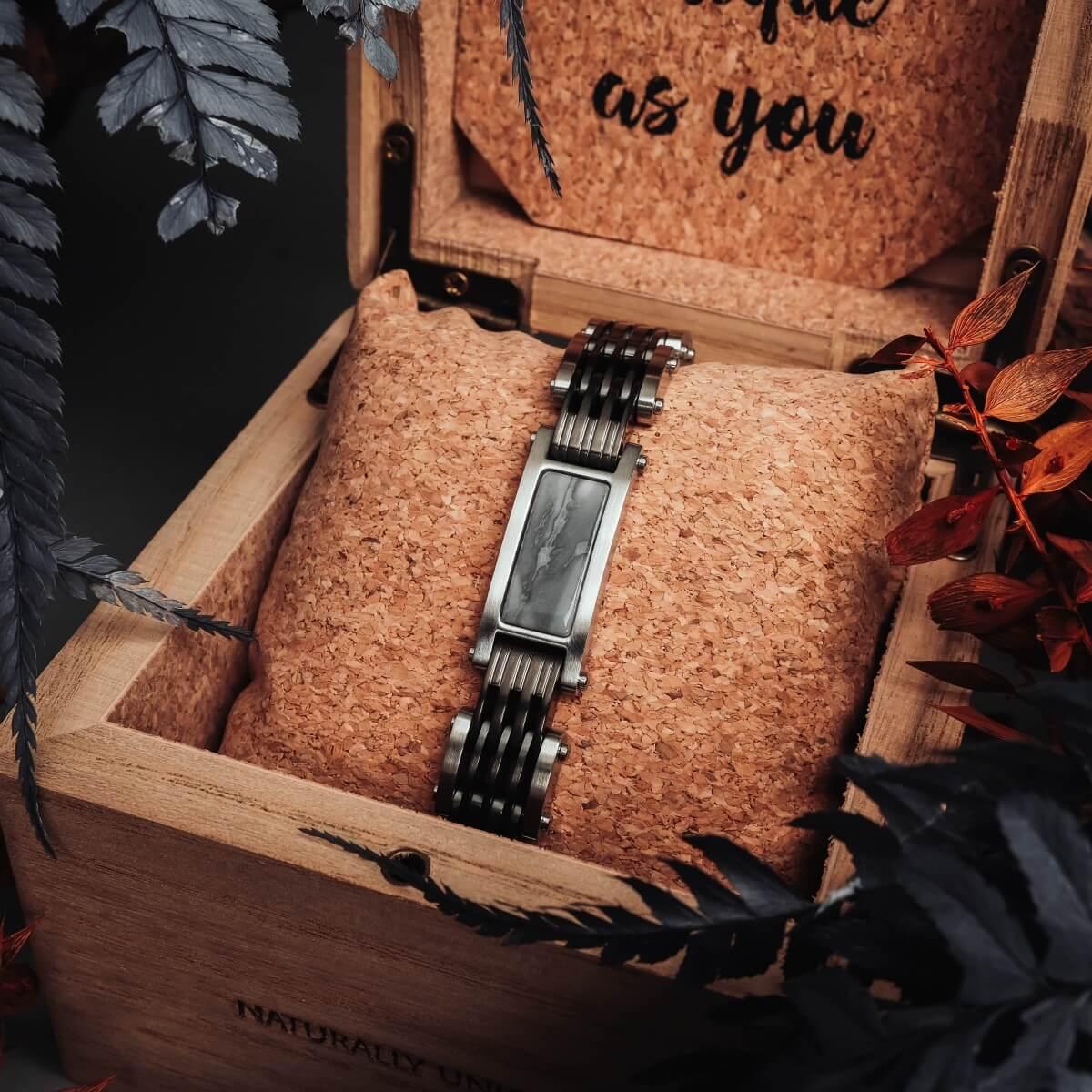 HOLZKERN | Bandlett Armband ADAGIO (Marmor Grau / Silber)