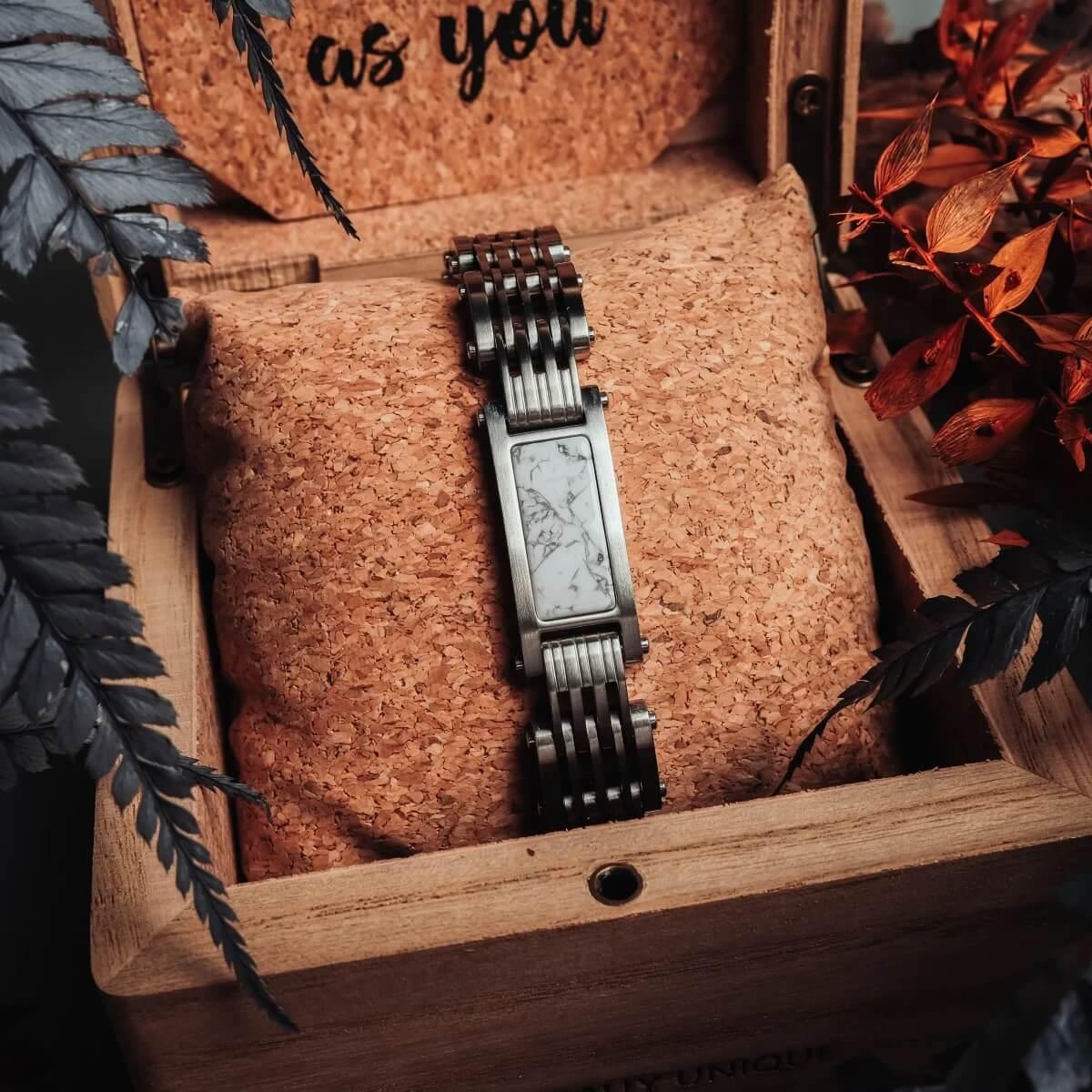 HOLZKERN | Bandlett Armband ADAGIO (Marmor Weiß / Silber)