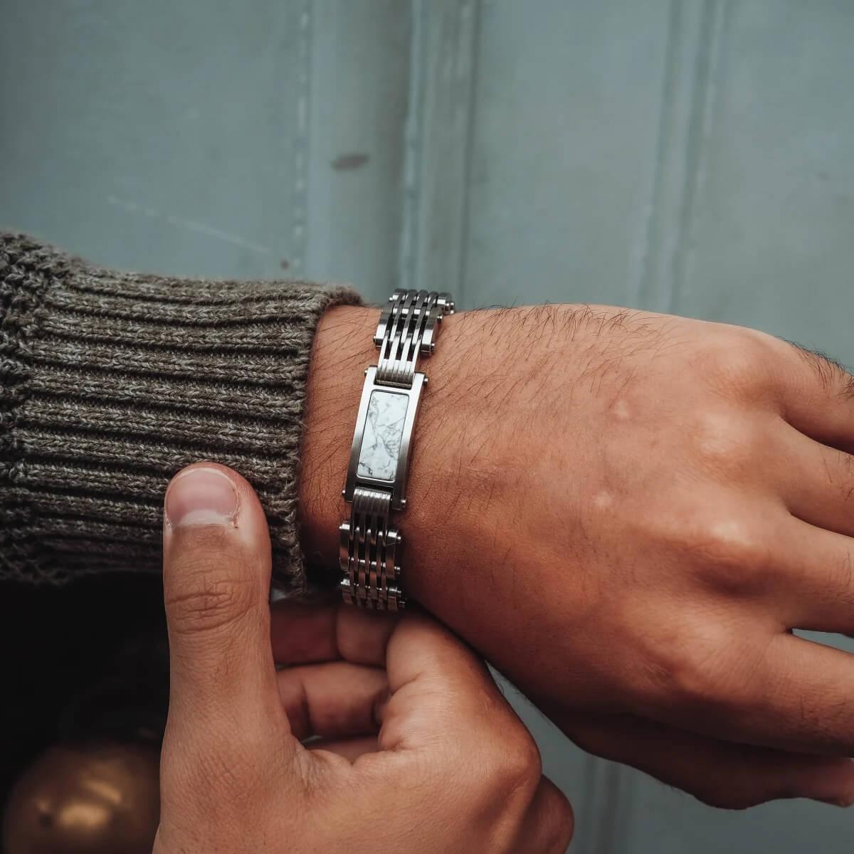 HOLZKERN | Bandlett Armband ADAGIO (Marmor Weiß / Silber)