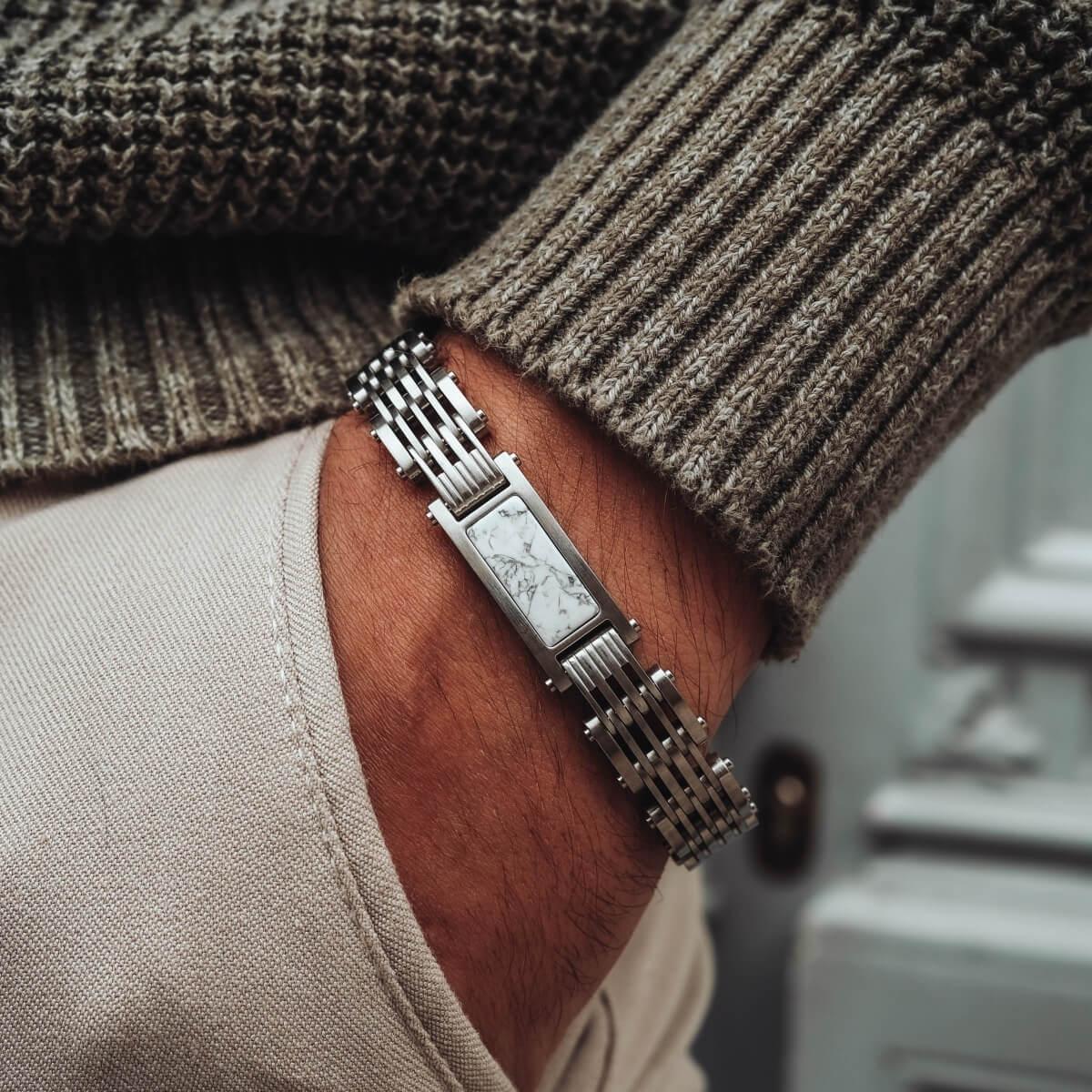 HOLZKERN | Bandlett Armband ADAGIO (Marmor Weiß / Silber)
