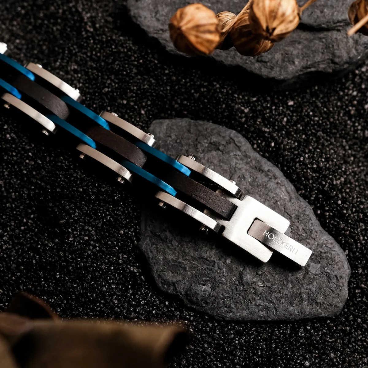 HOLZKERN | Bandlett Armband Allegro (Ahornholz / Silber & Blau)