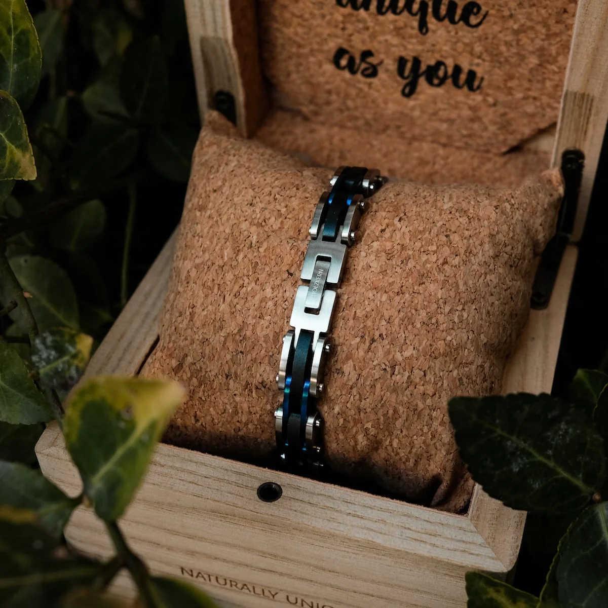 HOLZKERN | Bandlett Armband Allegro (Ahornholz / Silber & Blau)