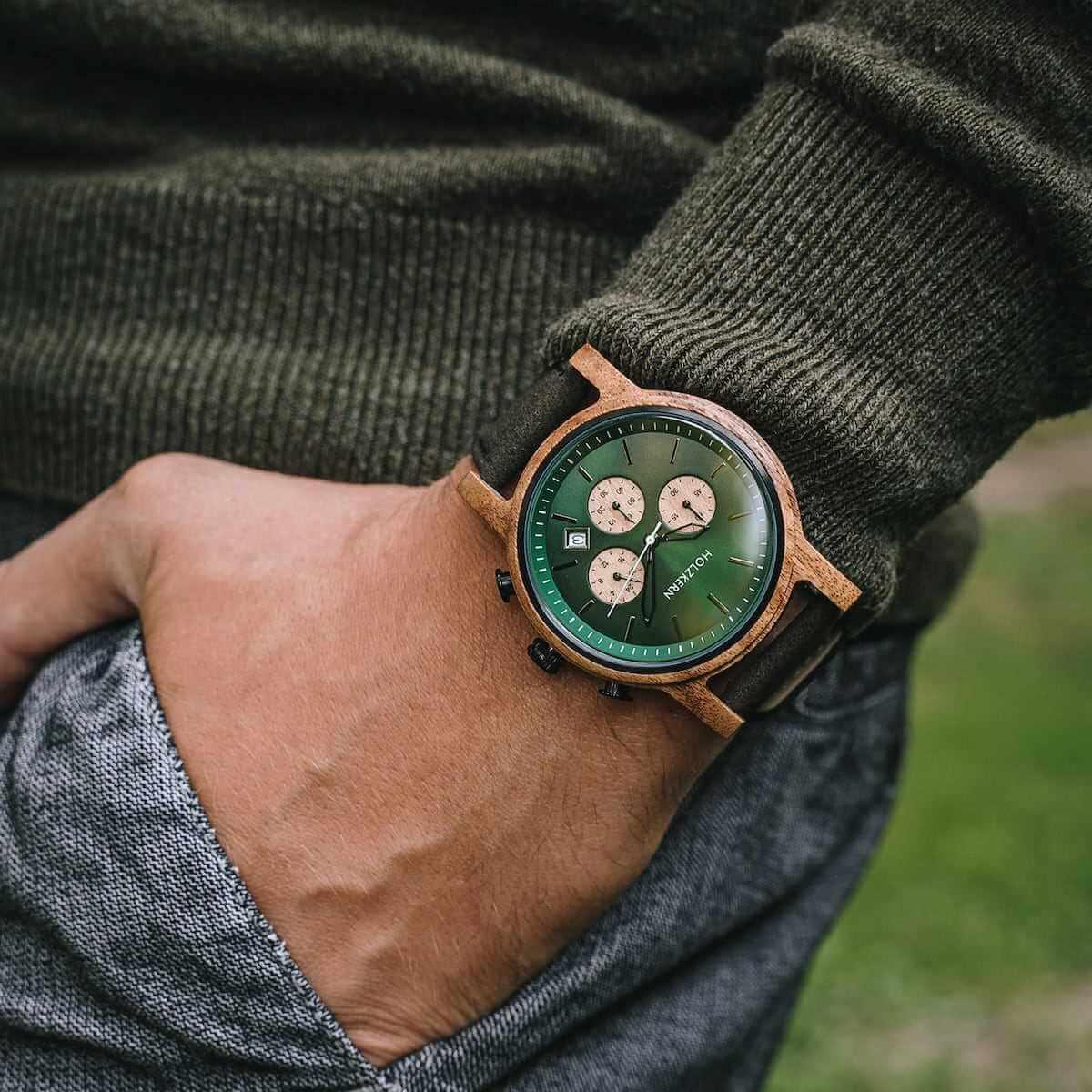 HOLZKERN | Baumkrone Waldlauf Herren Chronograph Leder