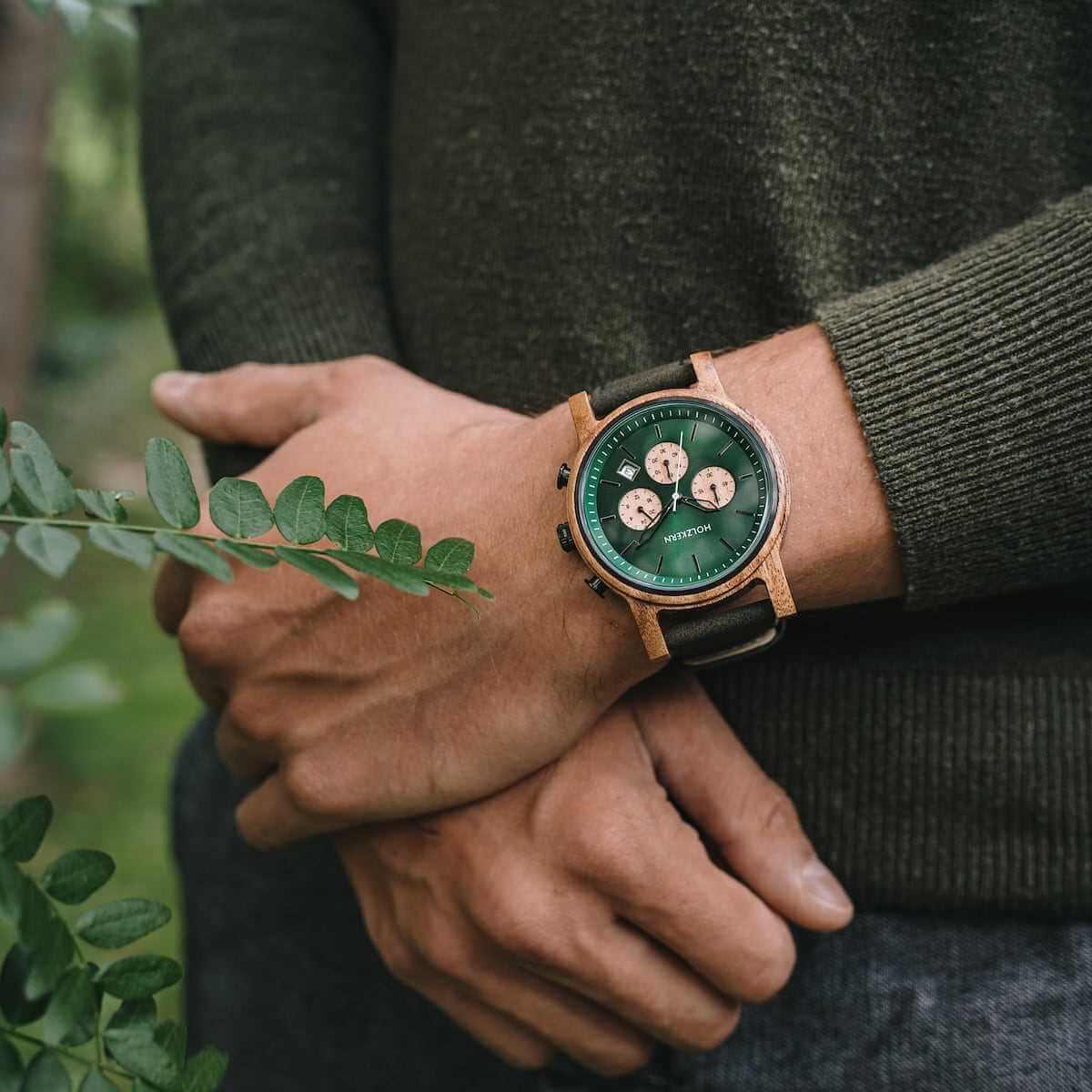 HOLZKERN | Baumkrone Waldlauf Herren Chronograph Leder