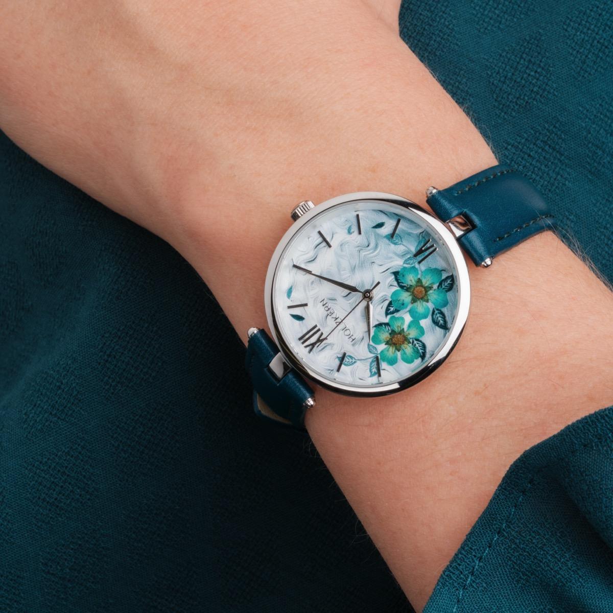 HOLZKERN | Everbloom Damen Armbanduhr (Pflaumenblüte / Blau)