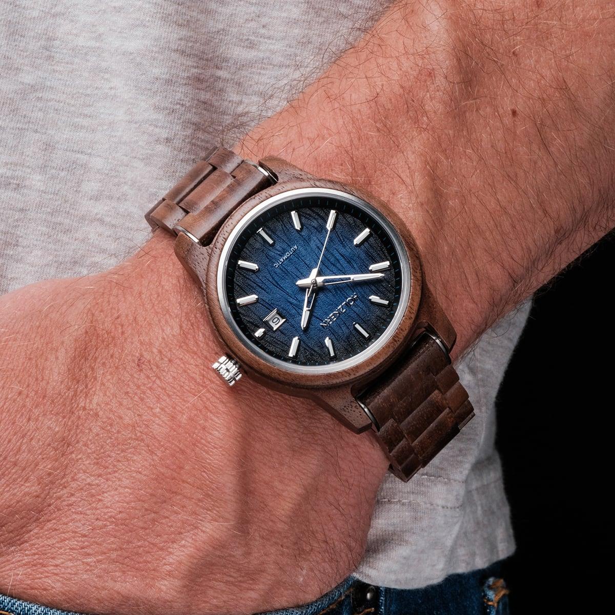 HOLZKERN | Nightbird Herren Automatikuhr (Walnuss-Blau)