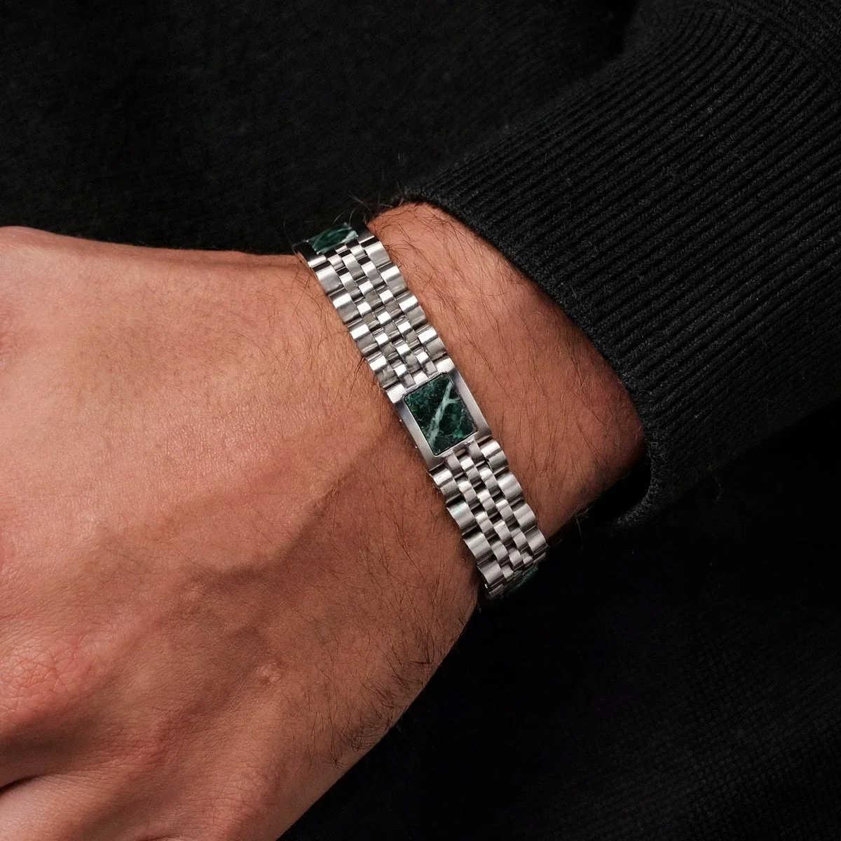 HOLZKERN | Armband Bandlett Pentachord (grüner Marmor / Silber)