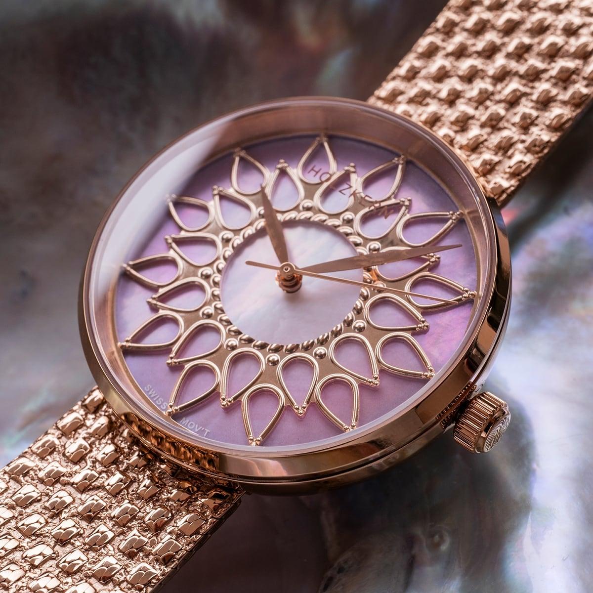 HOLZKERN | Suncatcher Damen Armbanduhr (Perlmutt / Roségold)