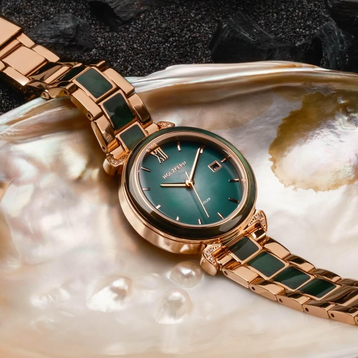 HOLZKERN | Sunglister Damen Solararmbanduhr (grün)