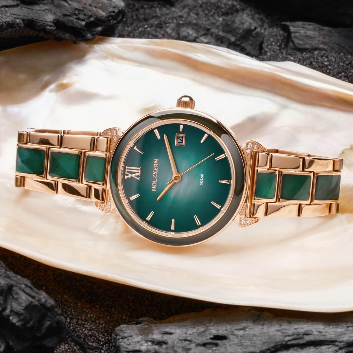 HOLZKERN | Sunglister Damen Solararmbanduhr (grün)