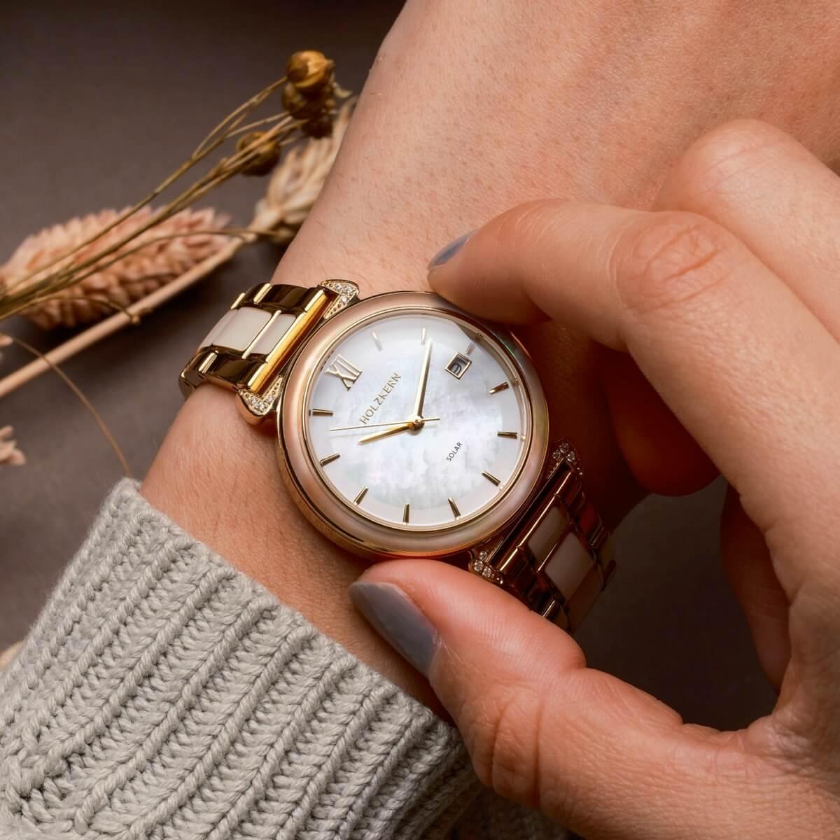 HOLZKERN | Sunglister Damen Solararmbanduhr (weiß)